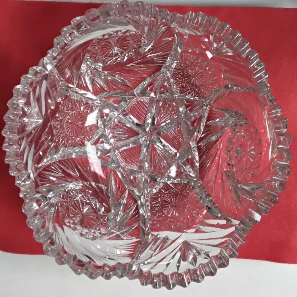 Antique ABP American Brilliant Cut Glass Crystal Bowl Victorian Era Hobstar 8"